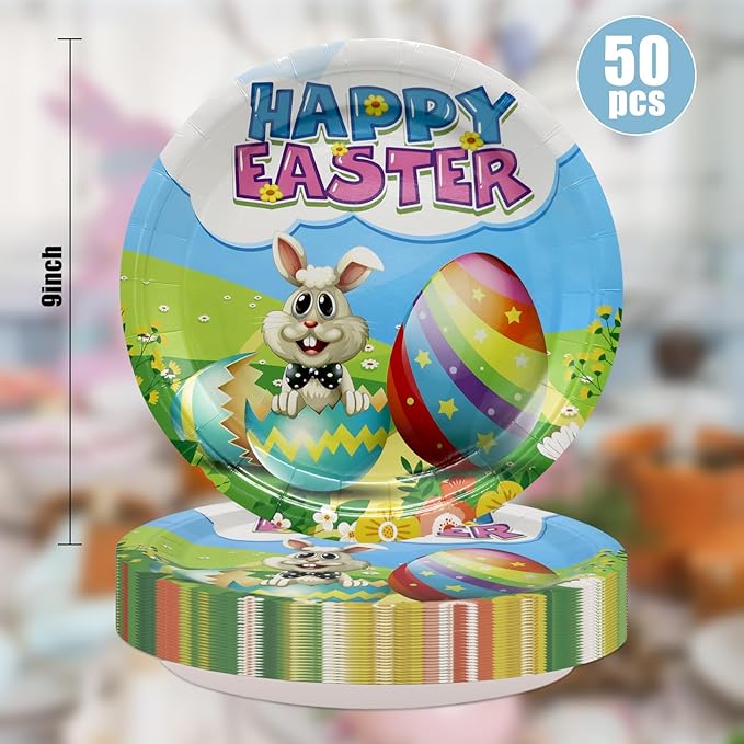 Easter Heavy Duty Paper Plates Bunny Disposable 9 inch Dinner Plates for Easter Party Decorations and Supplies (50 count)