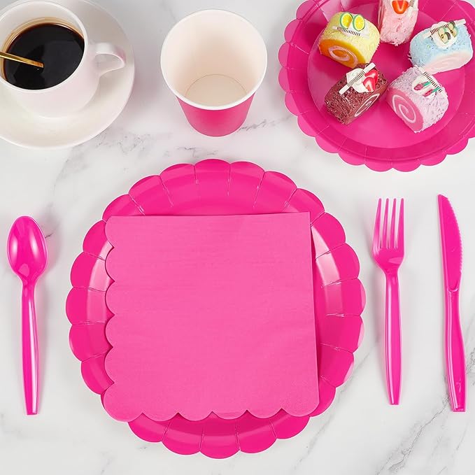 175 Pcs Hot Pink Paper Plates and Napkins, 25 Guest Hot Pink Supplies Include Scalloped Party Plates Napkins Cups Plastic Cutlery Set for Birthday, Bridal Shower