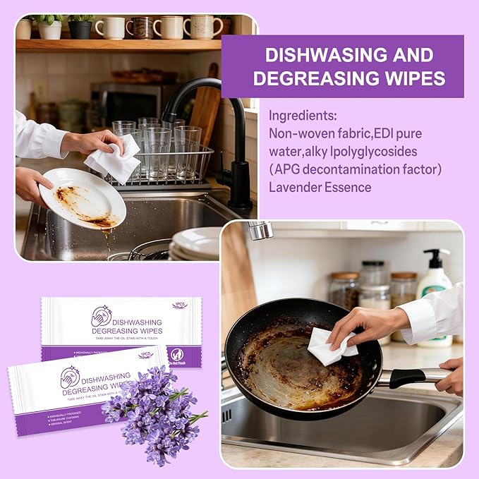 Dish Wipes for Camping Individually Wrapped Dish Cleaning Wipes Travel Lavender Scent 7.7”x 7.3” Disposable for Kitchen Outdoor Traveling RV Quick Clean (Pack of 500)