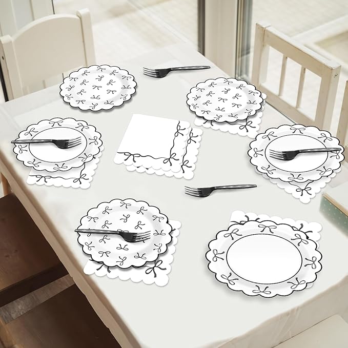 96Pcs Black White Bow Party Decorations Girl Bow Birthday Paper Plates Napkins Supplies Bowknot Themed Cake Tableware Dinnerware for Bachelorette Engagement Wedding Baby Bridal Shower Serves 24