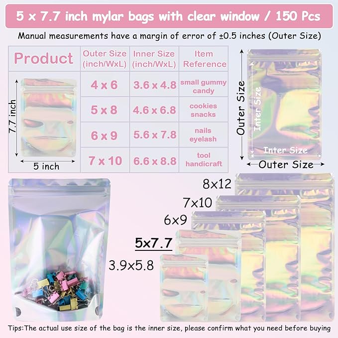 150 Pcs Mylar Bags for Food Storage, 5x8 Mylar Bag with Window Stand Up, Small Holographic Resealable Bags Smell Proof Bag Food Packaging for Small Business Freeze Dried Candy Jewelry Foil Packaging