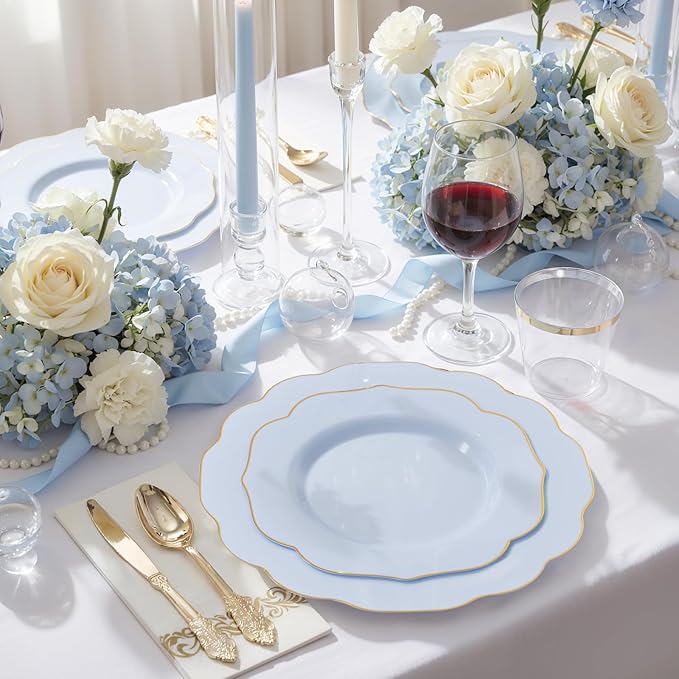 NOCCUR 175PCS Blue Plastic Plates with Gold Disposable Silverware - Include 50 Light Blue and Gold Plastic Plates,25 Knives,25 Forks,25 Spoons,25 Cups and 25 Napkins - Easter Day/Spring Party