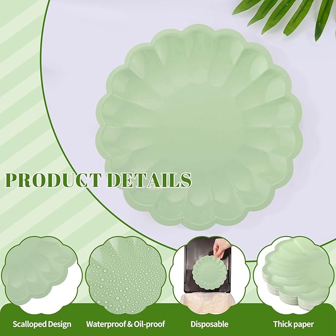 NatNarr 30 Pcs Sage Green Paper Plates 7.5 Inch Shell Edge Easter Plates Disposable Green Scalloped Paper Plate for Wedding Baby Shower Birthday Party Bridal Shower