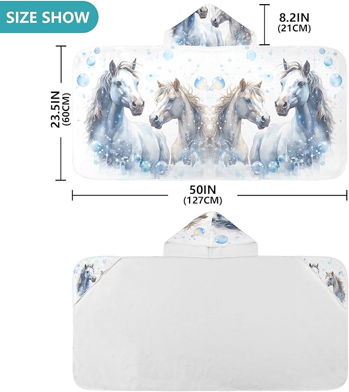 Hooded Towel for Kids Watercolor Horses Beach Wrap Bath Towels 50x23.5in