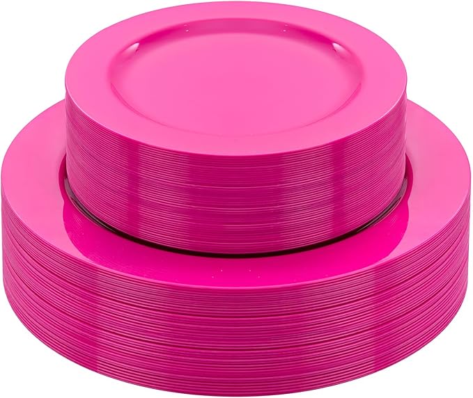 FLOWERCAT 60PCS Hot Pink Disposable Party Plates Set – 30 pcs 10.25″ Dinner Plates & 30 pcs 7.5″ Dessert Plates for Spring Parties, Valentine’s Day, Wedding – Sturdy & Stylish Tableware