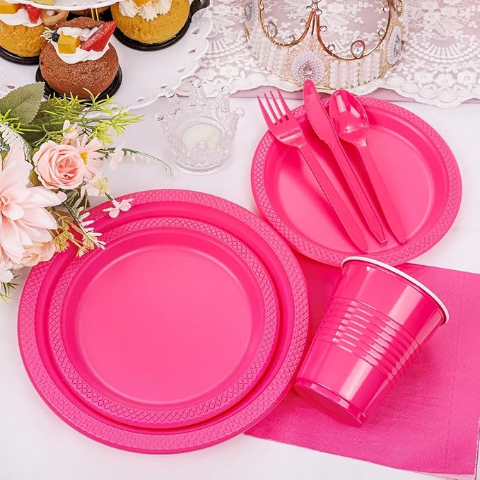 WELLIFE 210Pcs Hot Pink Plates, Disposable Dinnerware Set, Including Hot Pink Plastic plates, 12oz Cups, Plastic Cutlery and Napkins Serve 30 Guests, Plastic Plates for Party and Valentine,Galentines