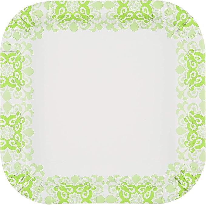 Glad Square Heavy Duty Paper Plates, Soak Proof and Cut Proof Disposable Plates for Parties and Everyday Meals, Microwaveable for Easy Serving, Green Victorian Pattern, 10 Inch, 50 Count - 12 Pack