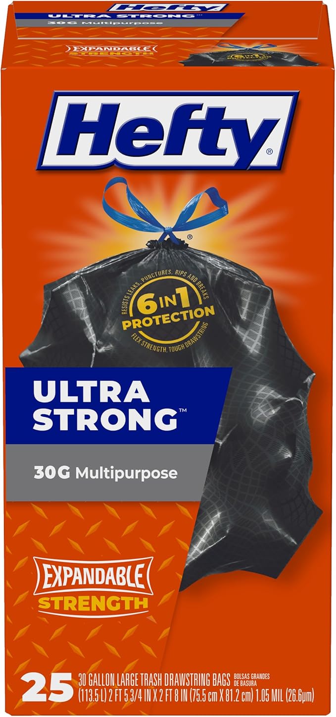 Hefty Ultra Strong Multipurpose Large Trash Bags, Black, Unscented, 30 Gallon, 25 Count