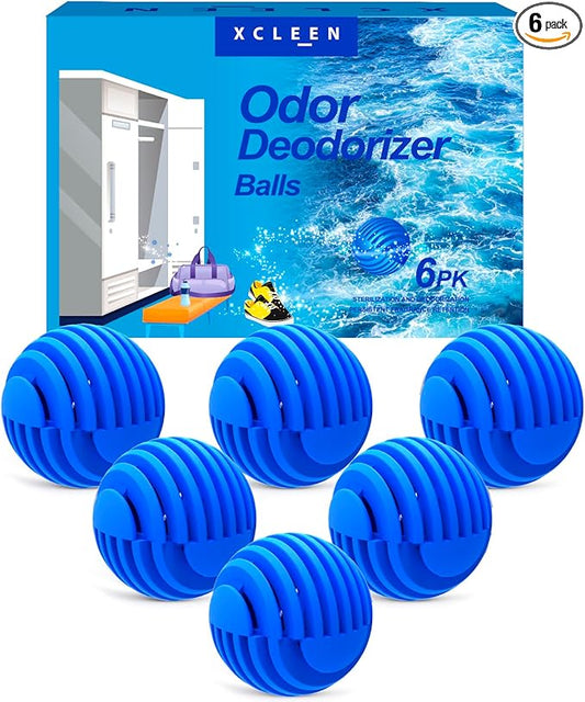 Xcleen Sneaker Deodorizer Balls Ocean Scent 6 Pack, Odor Eliminator Balls for Closet Car Gym Bag, Long Lasting Small Space Air Freshener With Essential Oil