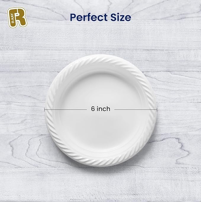 R-kay 100 Pack 6 Inch White Plastic Plates Disposable - Heavy Duty White Disposable Plates - Microwavable Disposable Plastic Plates (6 Inch, 100, Count)