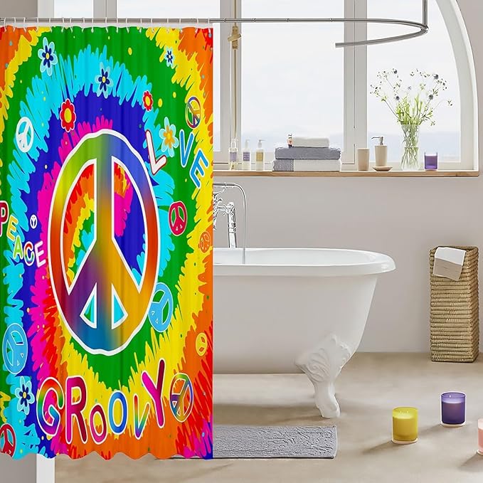 Feelyou Hippie Peace Art Bathroom Shower Curtain Set Peace Sign Artwork Shower Curtain for Girls Children Tie Dye Boho Hippie Colorful Floral Flowers Bath Curtain 72"x72" Kids Bathroom Accessories
