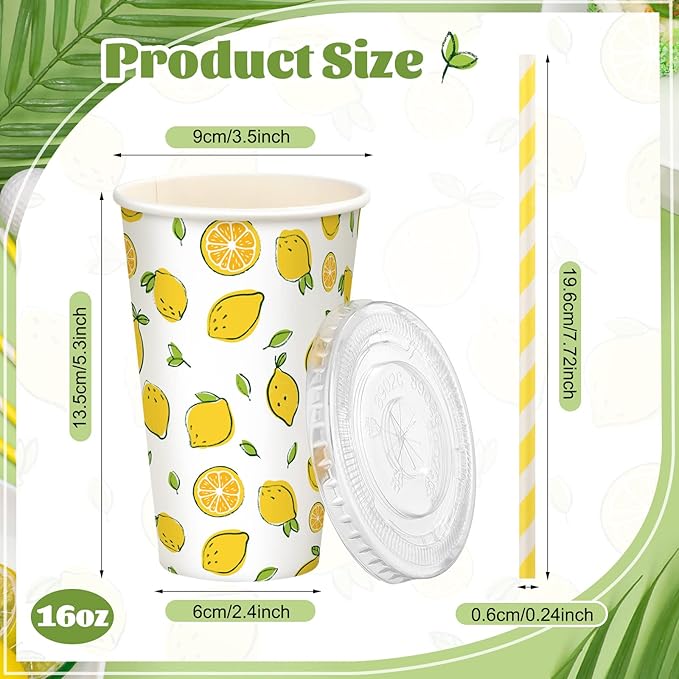 Tessco 150 Pieces/50 Sets Lemonade Cups with Lids and Paper Straws 16oz Disposable Iced Coffee Paper Cup Summer Citrus Cold Lemonade Stand Supplies for Fruit Party Beverages Drinks Juices