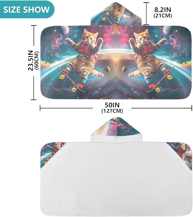 Hooded Towel for Kids Astronaut Cat Skateboard on Saturn's Rings Beach Wrap Bath Towels 50x23.5in