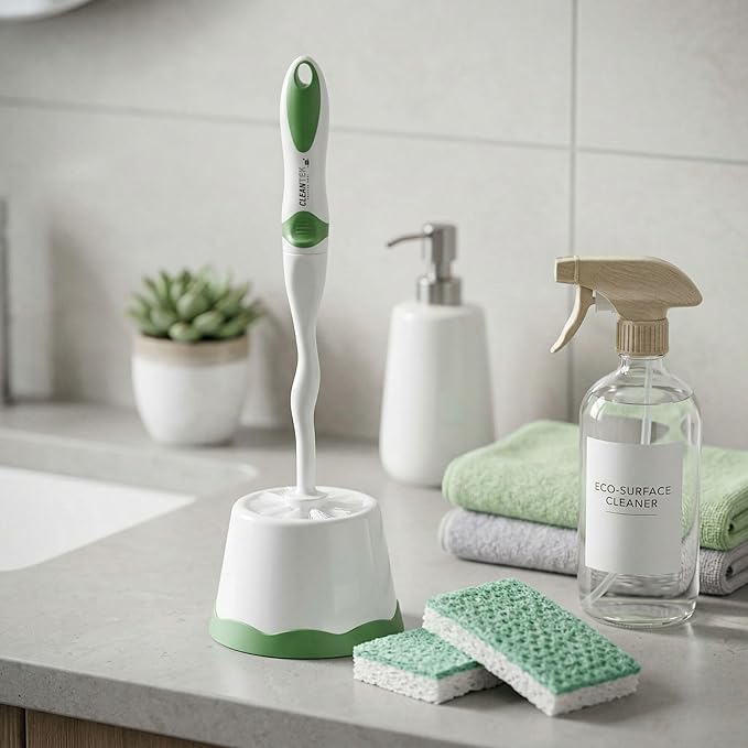Restaurantware Toilet Brush with Caddy 10 Pack 15.7 x 4.9 x 4.9 Inches Plastic Toilet Scrubber with Holder Compact Brush Set Comfortable Grip Green and White Bathroom Scrubber