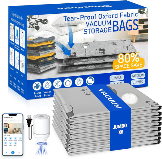 8 Pack Tear-Proof Jumbo Vacuum Storage Bags with Pump, Oxford Fabric Reusable Space Saver Extra Large Vacuum Seal Bags for Clothing, Bedding, Travel Luggage, Blankets and Comforters