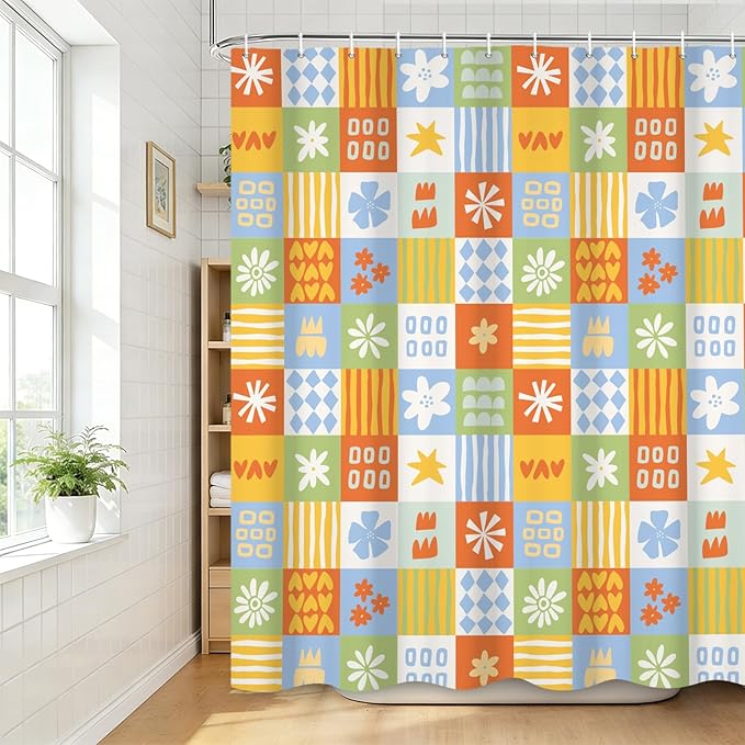 Boho Checkered Floral Shower Curtain Set Multicolored Geometric Flower Print Shower Curtains for Bathroom Waterproof Fabric Bathtub Decorations with Hooks 72x78 Inches