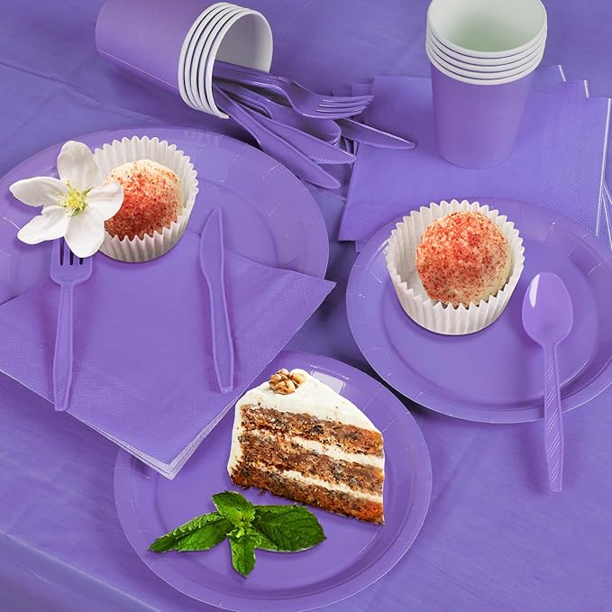 229PCS Purple Party Supplies Set Paper Disposable Plates Cups Plastic Spoons Forks Knives Purple Napkins for 30 Guests Disposable Party Dinnerware Sets for Wedding Birthday Parties