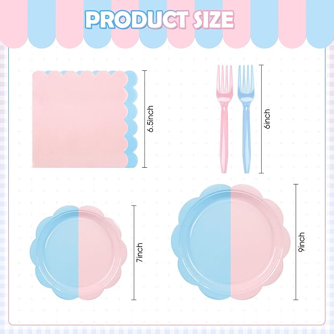 96 Pcs Baby Gender Reveal Plates and Napkins Set Party Supplies, Tableware set for 24 Guest include Light Pink and Blue Scalloped Plates, Napkins and Forks for Baby Shower Gender Reveal Party