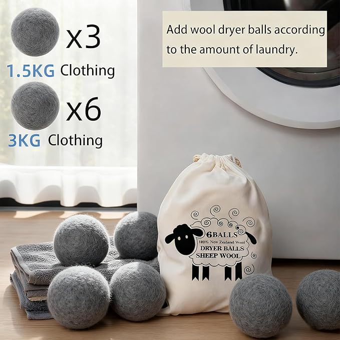 6 Pack Wool Dryer Balls Laundry Reusable Anti Static, Wool Laundry Balls for Dryer Reduces Clothing Wrinkles Natural Fabric Softener Last 1000+ Loads (Dark Grey, 2.75 in/7 cm)