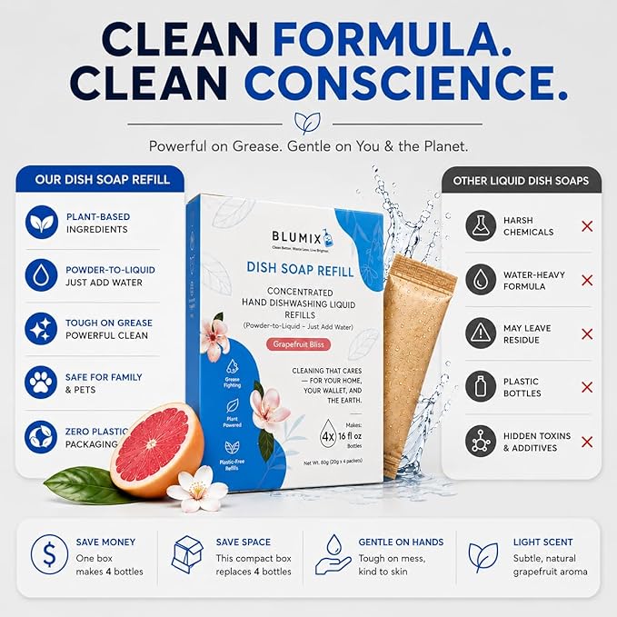 Dish Soap Refill Powder-to-Liquid Concentrate, Just Add Cool Water, Grapefruit Scent, 4 Packets Make 4 x 16 fl oz Bottles, Grease-Fighting, Plastic-Free