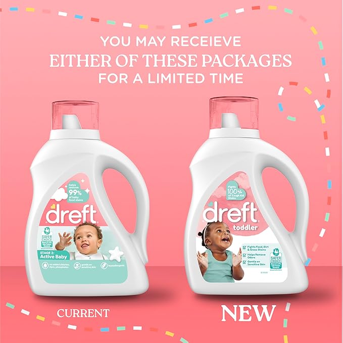 Dreft Toddler Liquid Laundry Detergent, Gentle on Sensitive Skin Laundry Soap, 42 fl oz, 32 Loads, Pack of 2 (Packaging May Vary)