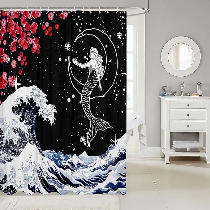 Cherry Blossom Shower Curtain Starry Sky Mermaid Waterproof Shower Curtain 72"Wx72"L,Japan Ukiyoe Theme Bath Curtain Japanese Sea Waves Mount Fuji Botanical Flower Ethnic Kawaii Room Decor