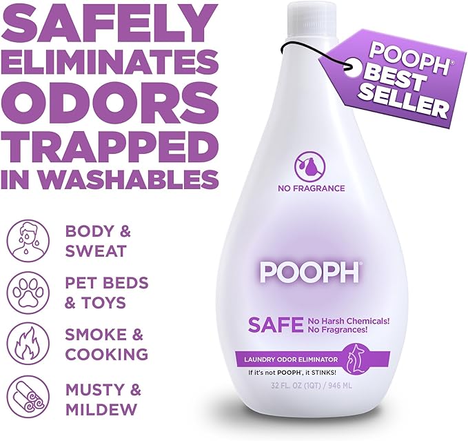 POOPH Laundry Odor Eliminator 2-Pack (2 x 32 oz, 32 Loads Total) — Pet Urine & Stink Remover for Clothes, Activewear, Towels & Bedding — Unscented Laundry Additive, Safe for People & Pets