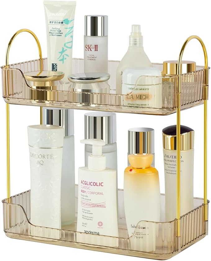 Bathroom Counter Organizer Skincare Organizer Perfume Holder for Dresser Countertop Shelf Bathroom Countertop Tray for Cosmetic Skin Care Lipstick (Gold 2-storey)