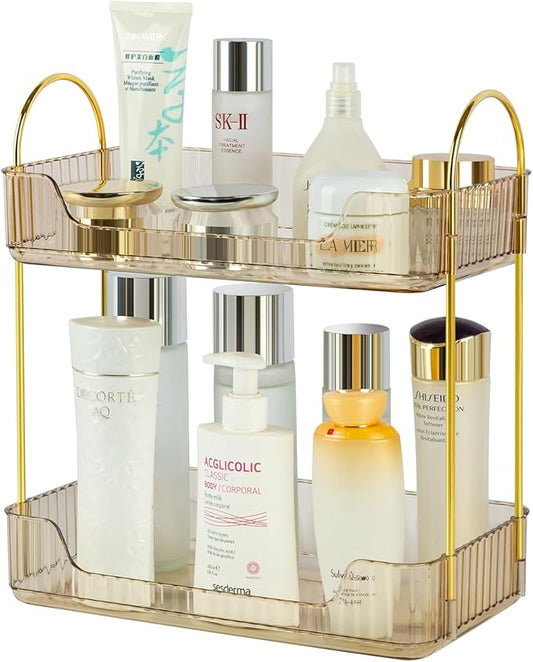 Bathroom Counter Organizer Skincare Organizer Perfume Holder for Dresser Countertop Shelf Bathroom Countertop Tray for Cosmetic Skin Care Lipstick (Gold 2-storey)