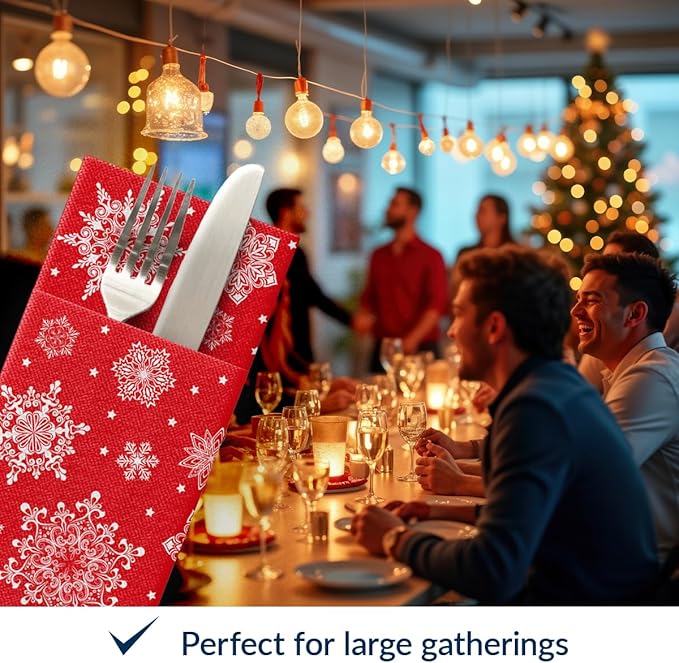 PAW - Christmas Linen Feel Napkins with Built-in Flatware Pocket, Red Absorbent Pre-Folded Dinner Napkins with Snowlakes, Guest Towels for Xmas Dinner, Winter Holiday, Decorative Towel, 50 Count