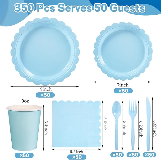 350 Pcs Light Blue Paper Plates and Napkins, Boy Baby Shower Decorations Include Scalloped Plates Napkins Cups for Kindergarten Graduation, Bridal Shower, Summer Wedding, Birthday