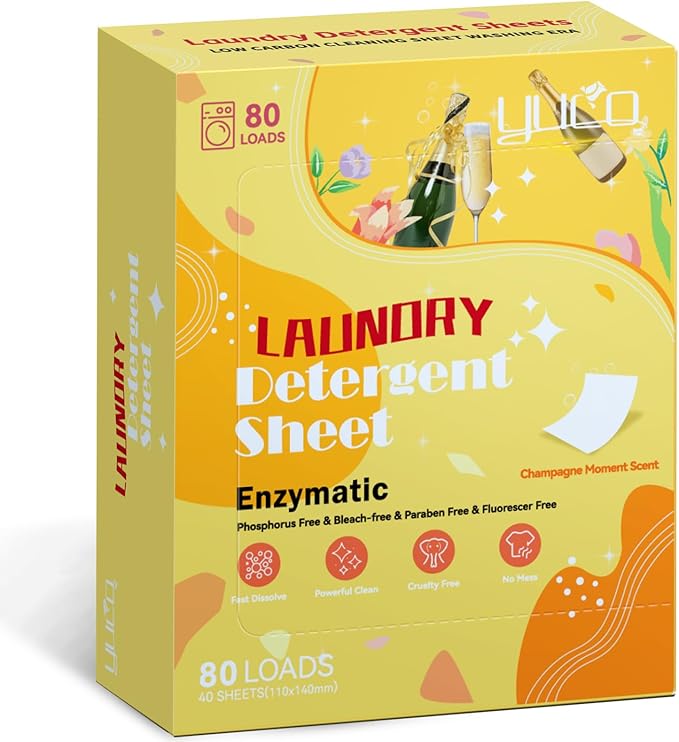 YUCO Travel Laundry Detergent Sheets 80 Loads Eco Friendly Washer Sheets, Liquidless Detergent Sheet No Plastic Jug Concentrated Laundry Detergent Hypoallergenic, Champagne Scent