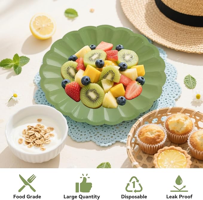 50Pcs Large Scalloped Sage Green Paper Plates 7Inch Shell Edge Dessert Plates for Cake Salad Fruit Disposable Dessert Serving Plates for Birthday Wedding Baby Shower Party Decorations