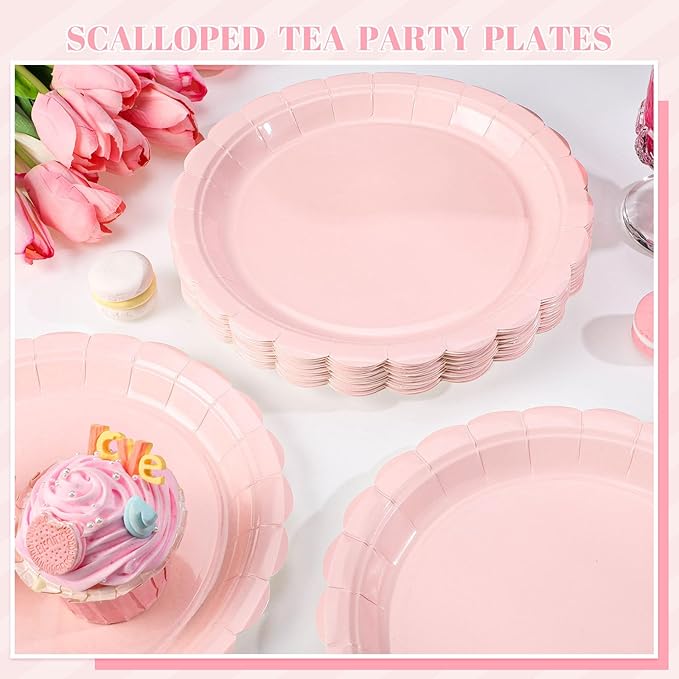 NatNarr 30 Pcs Pink Paper Plates 9 Inch Scalloped Pink Plates Cute Dessert Cake Party Plate for Girls Birthday, Baby Bridal Shower, Wedding