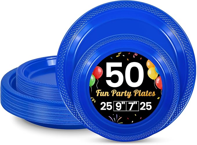 LANLISA 50 Pcs Blue Plastic Plates For Party, 25-9" & 25-7" Disposable Cake Dessert Plates For Birthday, Patriotic Decorations, Veterans Day Dinner