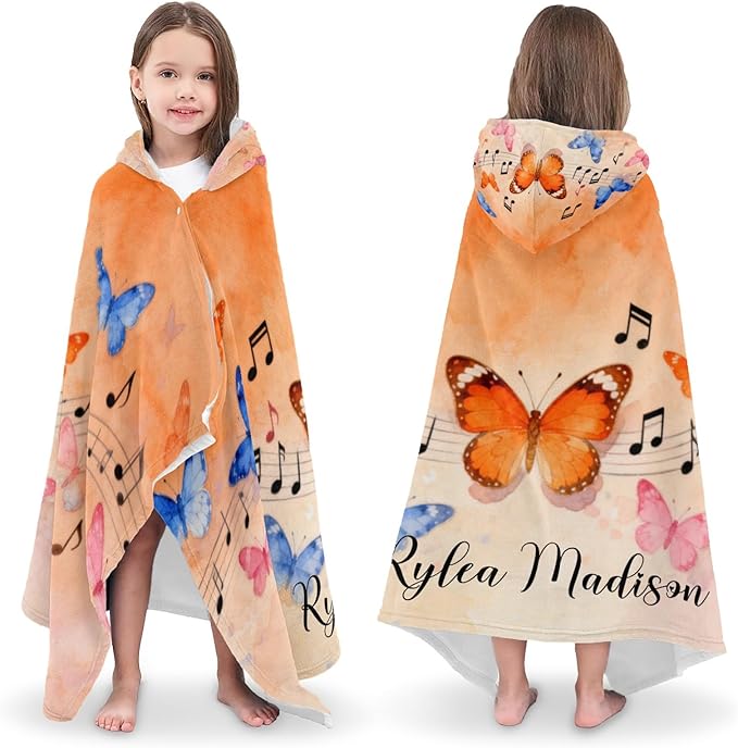 Music Butterfly Watercolor Personalized Hooded Towel Absorbent Wrap Soft Pool Beach Bath Towels Hood Poncho for 5-12 Years Kids Boys Girls