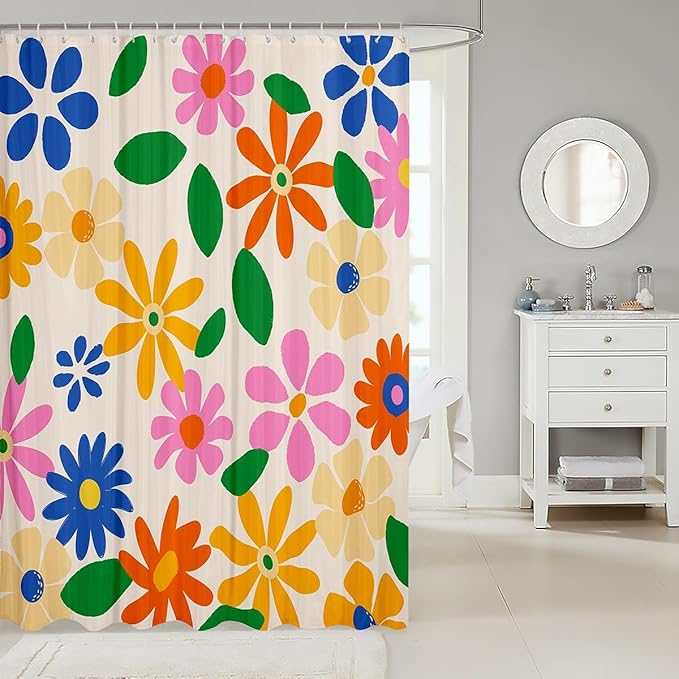Retro 60S 70S Floral Shower Curtain 72"Wx72"L,Vintage Groovy Daisy Flower Bathroom Curtain for Kids Boys Girls,Bohemian Aesthetic Y2K Style Bath Curtain Colorful Trendy Floral Bathroom Decor Set