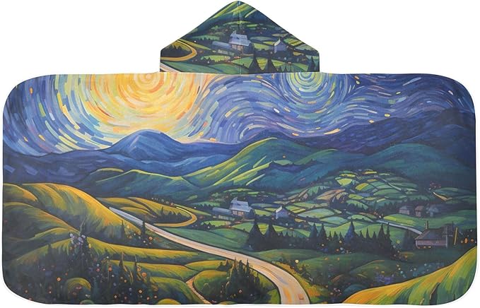 Hooded Towel for Kids Starry Night of Village Fields Beach Wrap Bath Towels 50x23.5in
