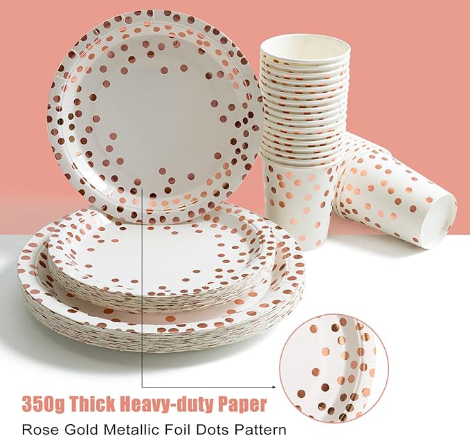 HOMIX 175 Pieces Rose Gold Party Supplies - Rose Gold Dot on White Paper Plates and Napkins Cups Silverware Serves 25 Sets for Wedding Bridal Shower Engagement Birthday Parties