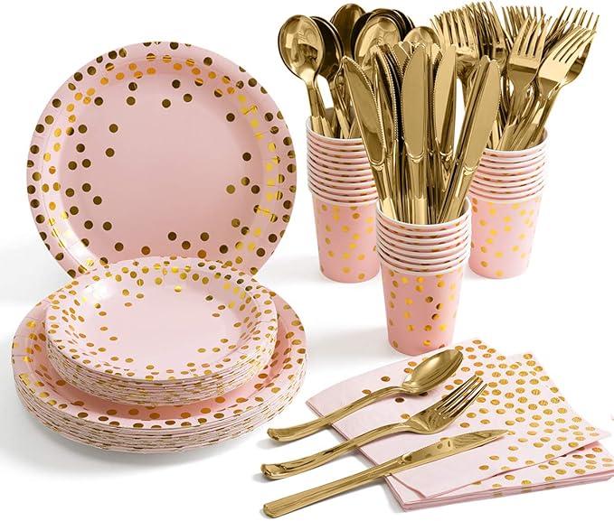HOMIX Pink and Gold Party Supplies, Disposable 175Pcs Gold Dots on Pink Paper Plates Cups and Napkins, Gold Plastic Knives Spoons Forks for Baby Shower Wedding Party Bridal Shower Serves 25