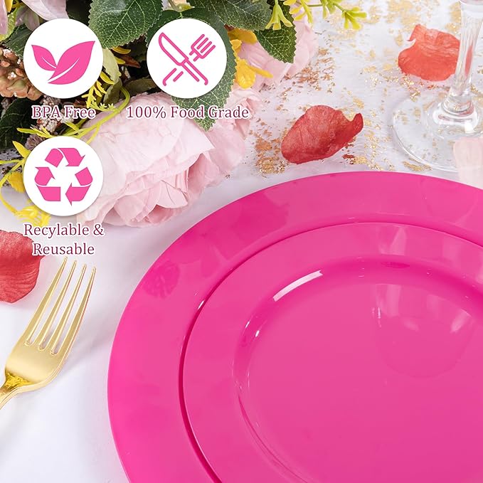 FLOWERCAT 60PCS Hot Pink Disposable Party Plates Set – 30 pcs 10.25″ Dinner Plates & 30 pcs 7.5″ Dessert Plates for Spring Parties, Valentine’s Day, Wedding – Sturdy & Stylish Tableware