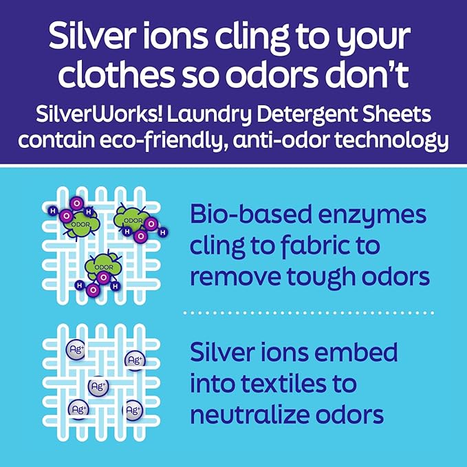 SilverWorks! Premium Dissolvable Laundry Detergent Sheets, Silver Ion Odor Elimination Technology, Powerfully Clean & Prevent Odors, Dissolves Fully, 40 Sheets, Fresh Linen