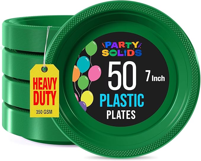 Exquisite Party Solids Green Plastic Plates For Party Supplies 7" Green Disposable Plates Heavy Duty 50 Pcs Plastic Dinnerware Sets Heavy Duty 350 GSM Disposable Dinnerware Set