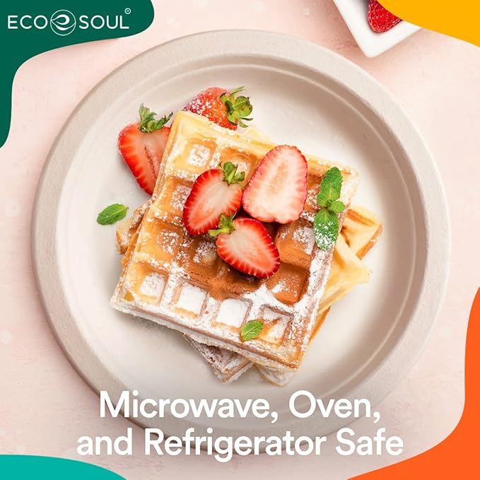 ECO SOUL Compostable Paper Plates 8.75 Inch, 100 Pack – Heavy Duty Disposable Dinner Paper Plates, Natural Bagasse, Leak-Resistant, Microwave Safe, Eco-Friendly Round Plates for Parties & Catering