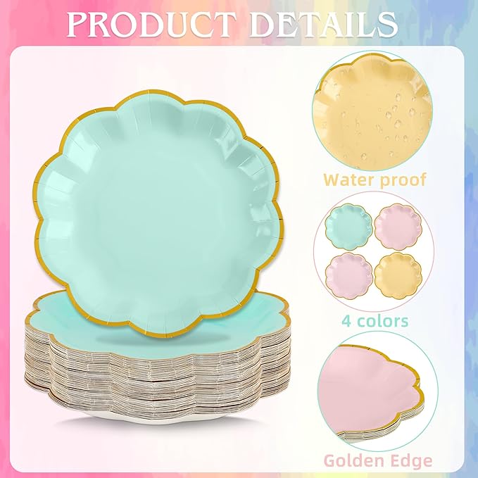 AimFun 24 Pcs Pastel Scalloped Paper Plates 7 Inch Disposable Macaron Colorful Dessert Plates with Gold Edge Gradient Rainbow Party Supplies for Wedding Birthday Baby Shower Bridal Summer Decorations