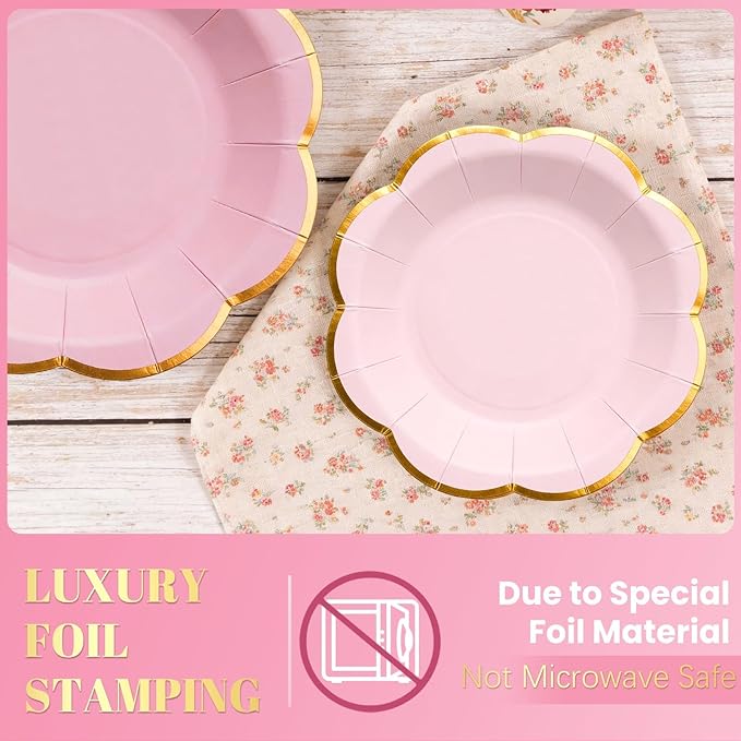 Pink Paper Plates and Napkins Party Supplies for 24 Guest, 168Pcs Pink Scalloped Mother's Day Party Plate with Gold Rim, Pink Disposable Plates Set for Girls Birthday Party Baby Shower Gender Reveal