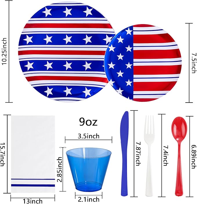 Festiva 175Pcs 4th of July Plates & Red White Blue Disposable Plastic Silverware &Clear Blue Cups-American Flag Patriotic Party Supplies for,4th of July&Memorial Day