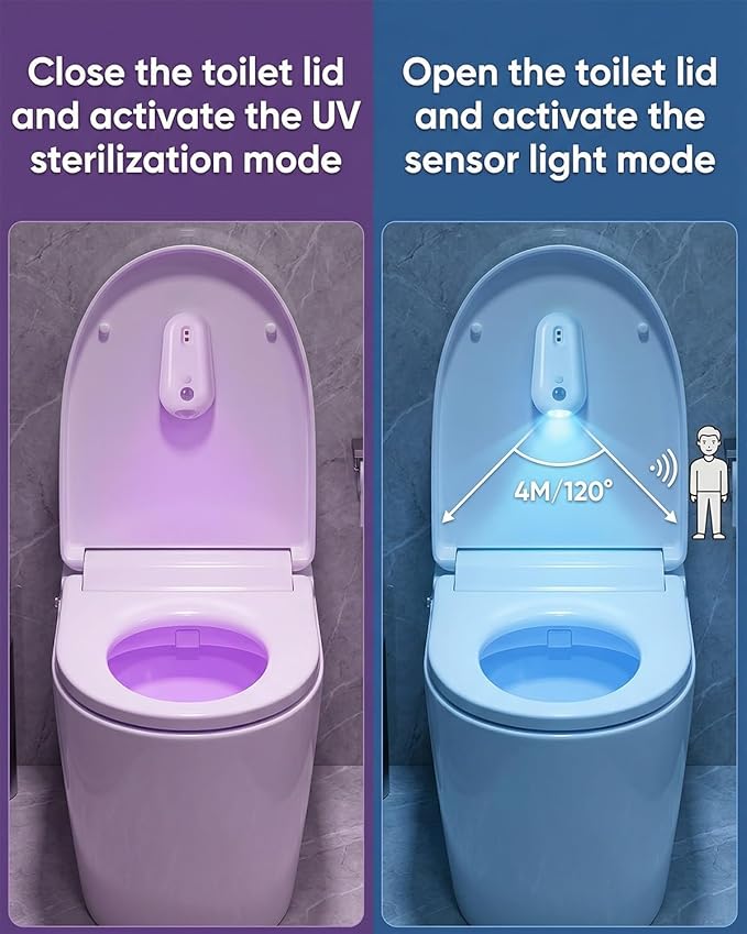 Self Cleaning UV Toilet Sanitizer and Night Light Elderly Motion Activated Rechargeable Toilets Lights Adhesive Sensor Smart Shared Bathroom Automatic Toilet Nightlight Mounted Bowl Seat(3pcs)
