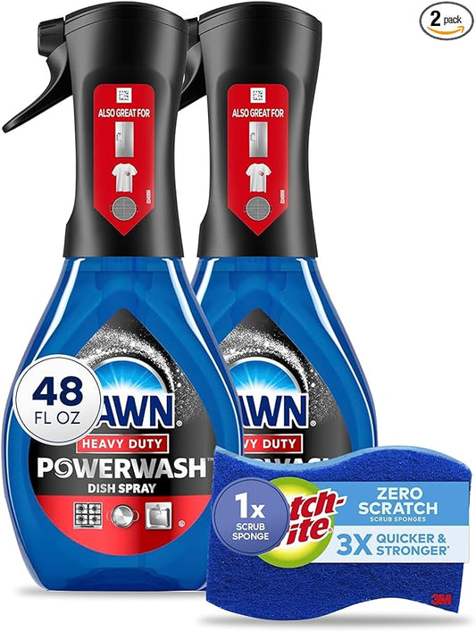 D-wn Powerwash Heavy Duty Dish Spray All-Purpose Cleaner and Degreaser, 32 oz, 2-Pack + ScotcBrite Zero Scratch Scrub Spong