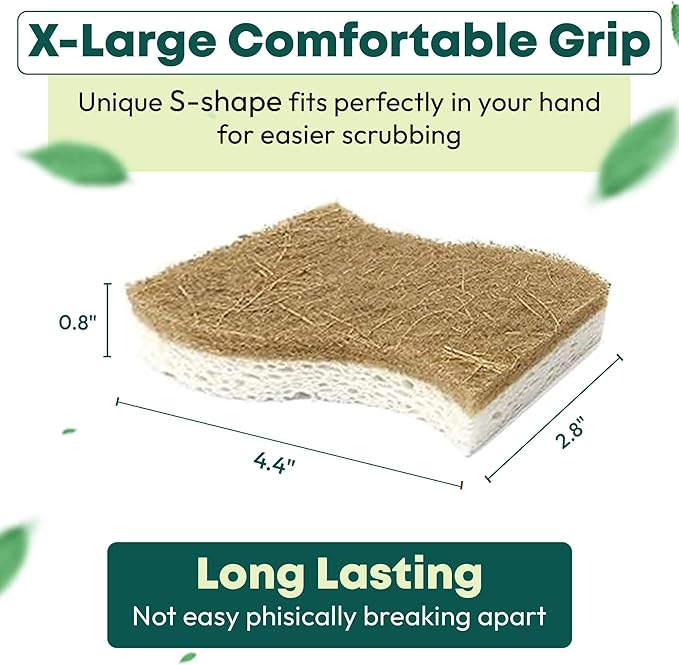 Biodegradable Natural Kitchen Sponges - Compostable Dish Sponge Scrubber, 6 Pack Multipurpose Sponges for Dishes, Cleaning Scrub Sponge for Dishwashing